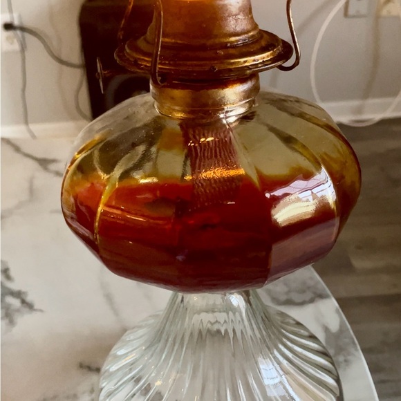 Vintage Glass Oil Lamp with Red and Amber Base - Picture 2 of 3